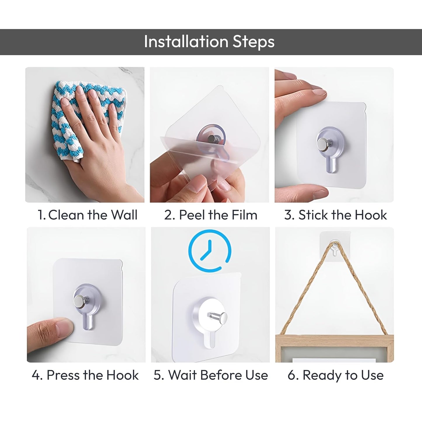 Self Adhesive Wall Hooks – Heavy Duty No-Drill Photo Frame Hooks (Pack of 15)
