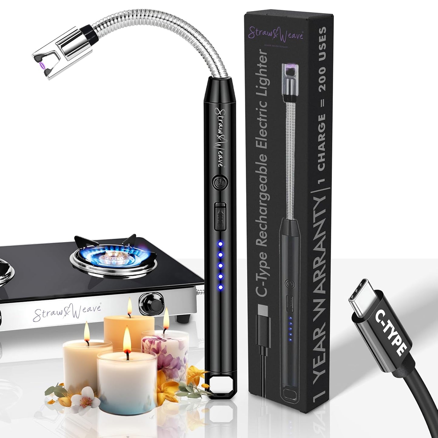 Rechargeable Electric Gas Lighter – 360° Flexible Windproof Arc Lighter with USB C-Type