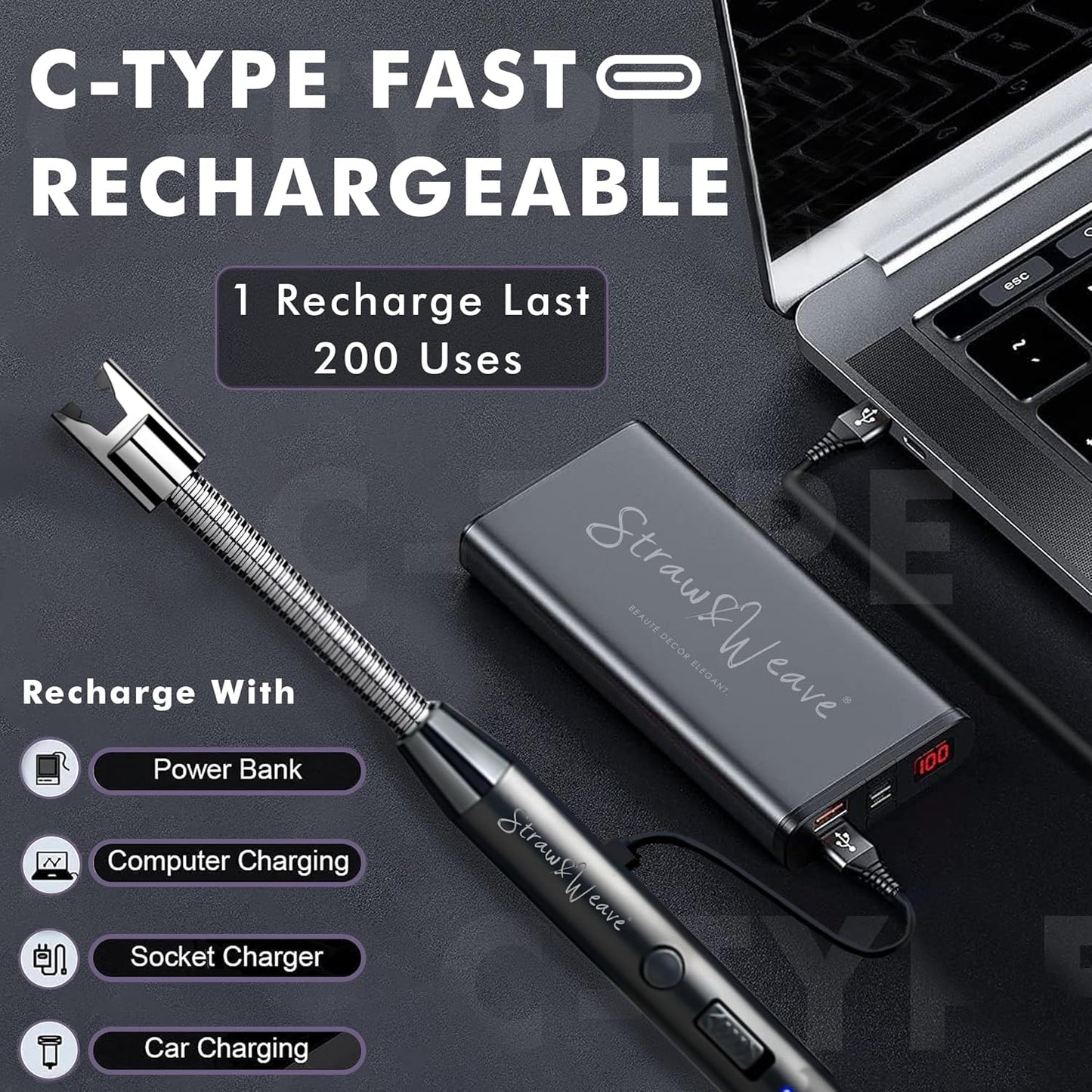Rechargeable Electric Gas Lighter – 360° Flexible Windproof Arc Lighter with USB C-Type